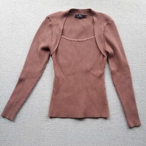 LILLUSORY Sweater Womens M Brown EZls529 Ribbed‎ Knit Square Neck Shrug Top